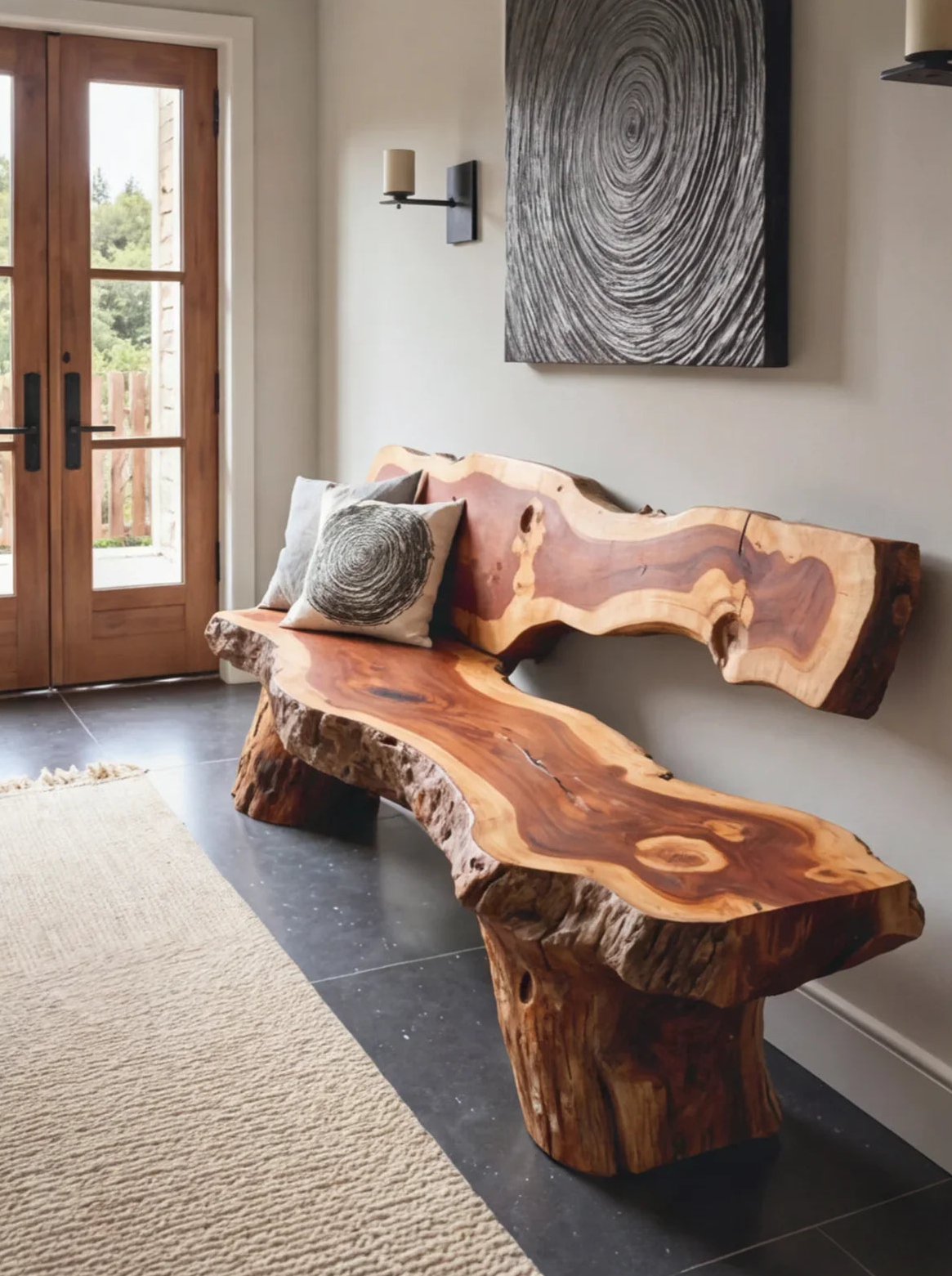 Live edge solid wood bench with natural finish in modern entryway, tree ring pillow and wall art