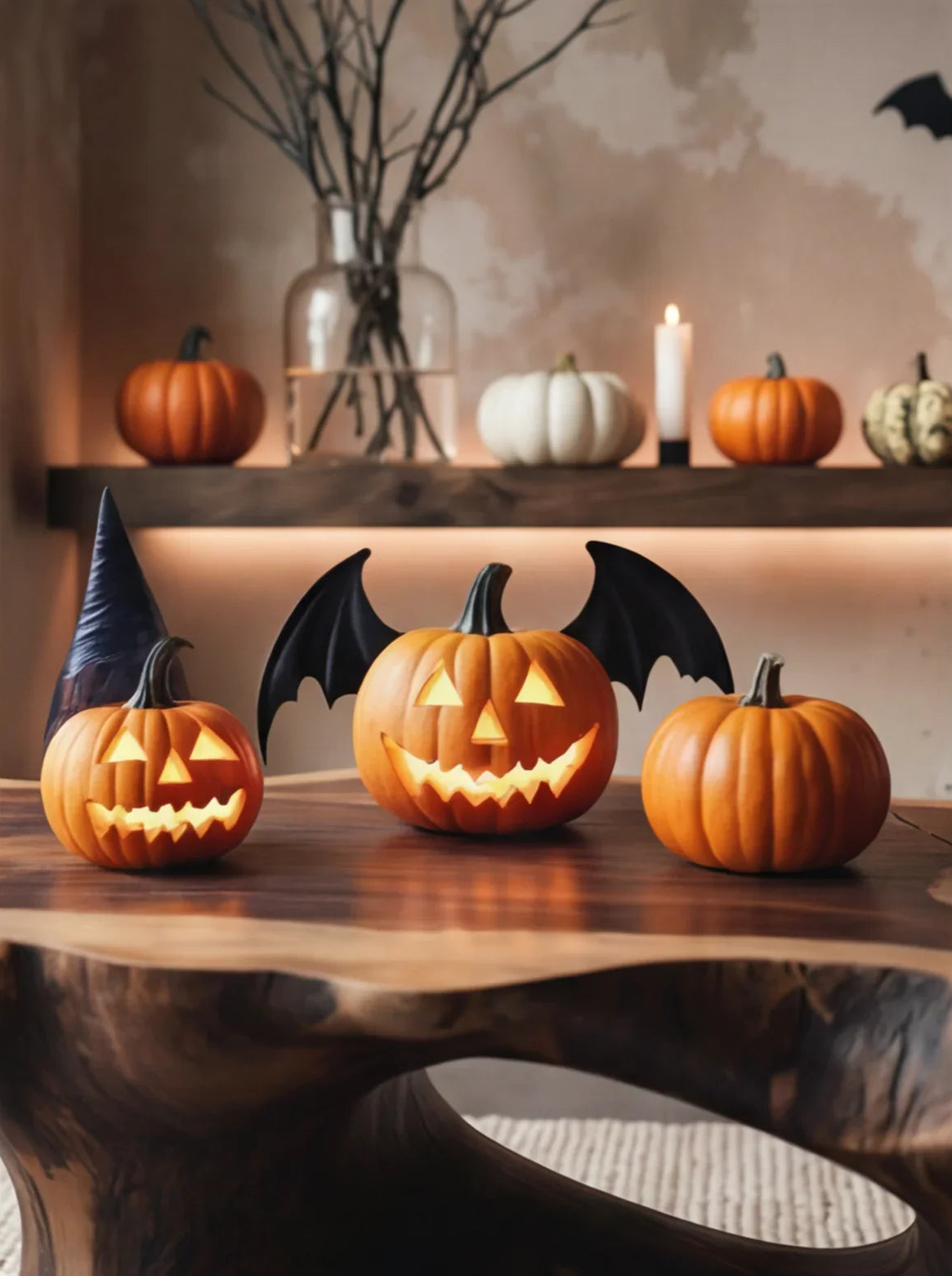 Halloween jack-o'-lantern pumpkins on live edge wood table, floating shelf decor
