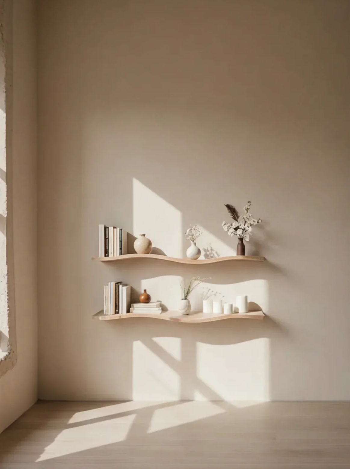 Minimalist room with two natural wood floating shelves decorated with books, vases, and candles
