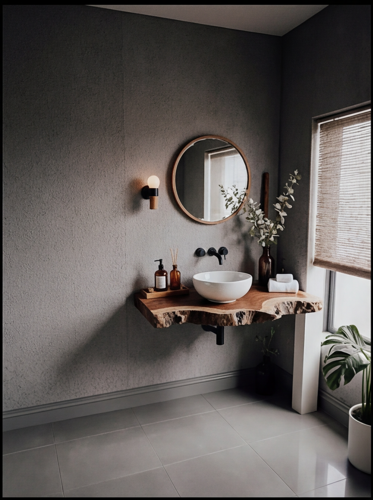 Modern bathroom with live edge wood floating vanity, vessel sink, round mirror, and natural decor.
