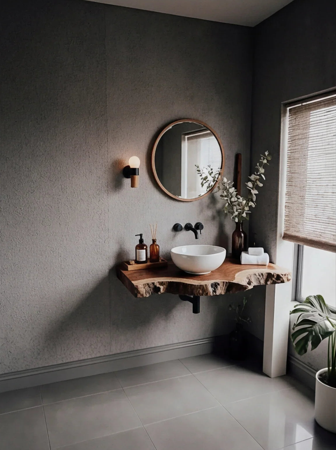 Modern bathroom with live edge wood floating vanity, vessel sink, round mirror, and natural decor.