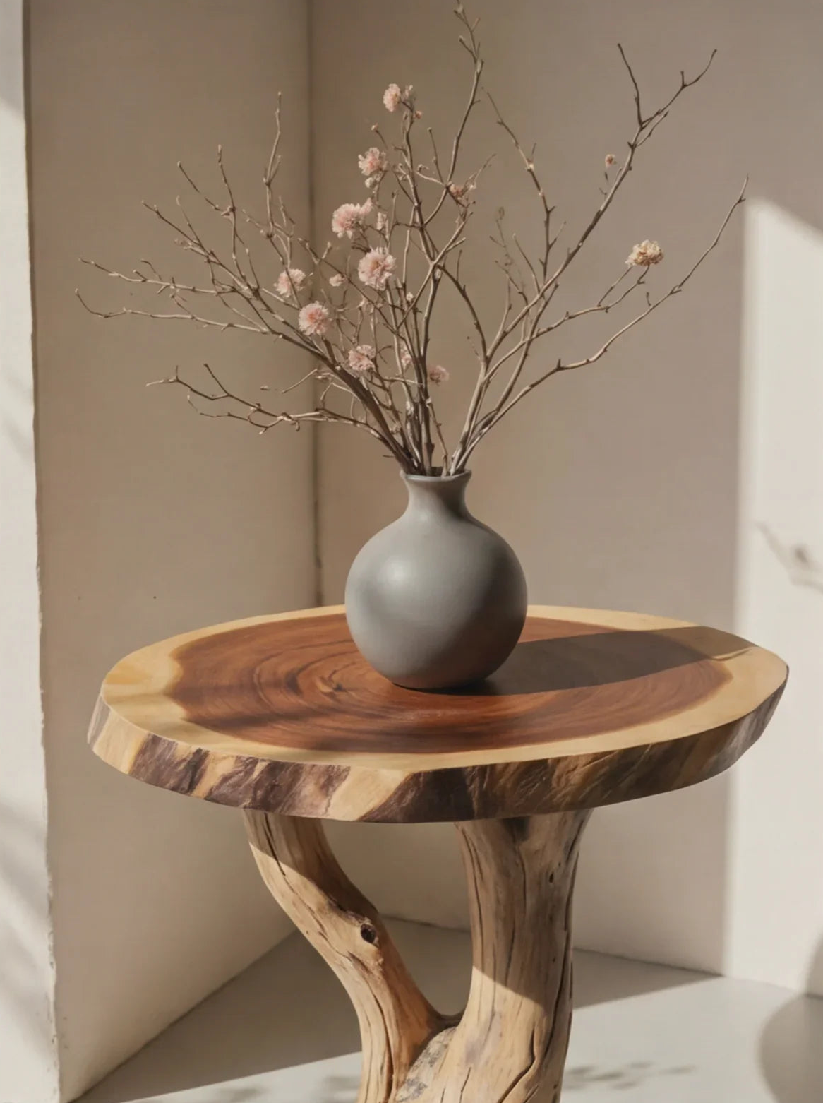 Live edge solid wood side table with natural tree branch legs, vase with dried flowers on top