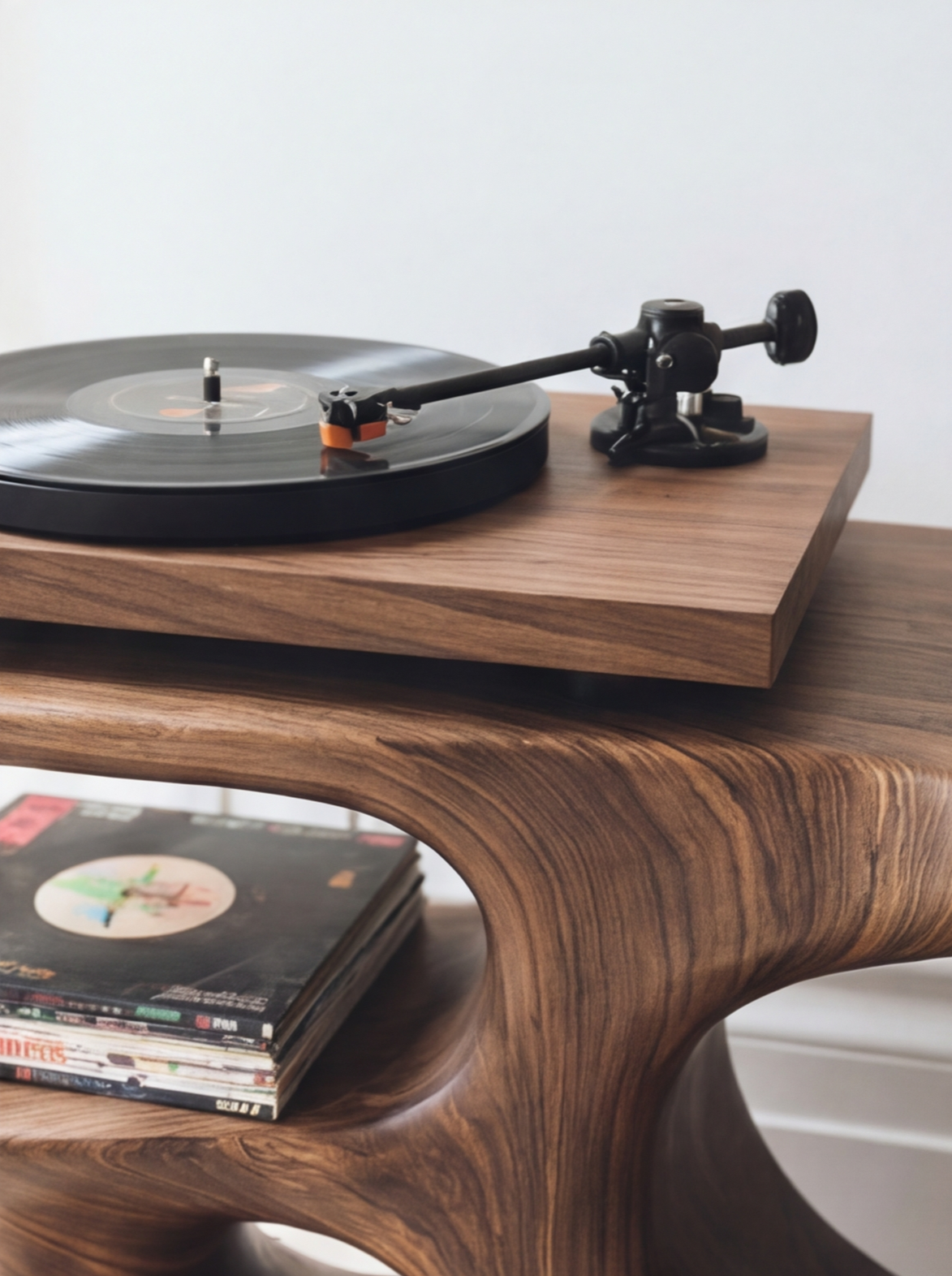 Solid wood sculpted side table with vinyl record player and stacked records, modern furniture