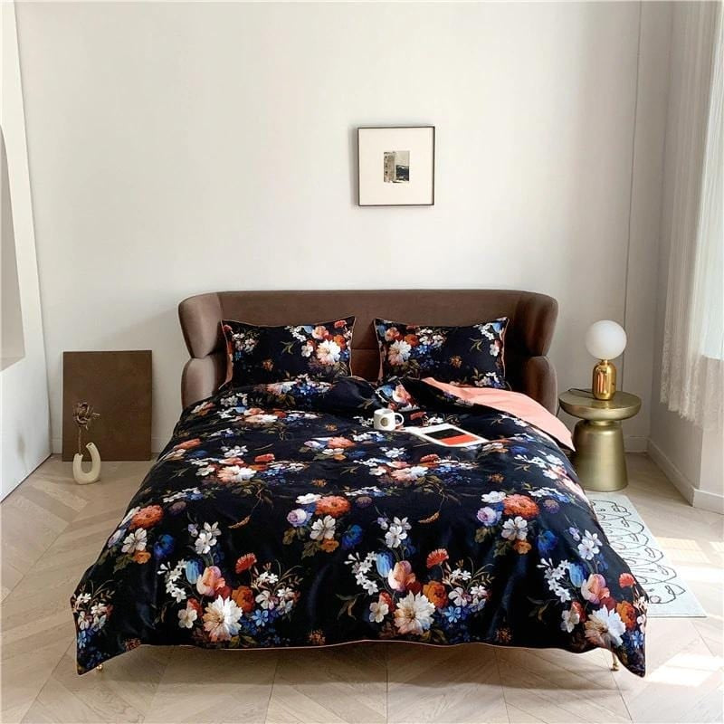 Black & Orange Floral Duvet Cover Set