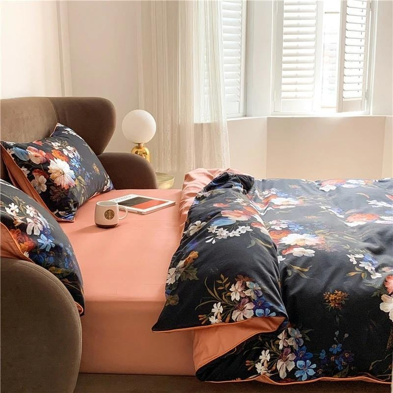 Black & Orange Floral Duvet Cover Set