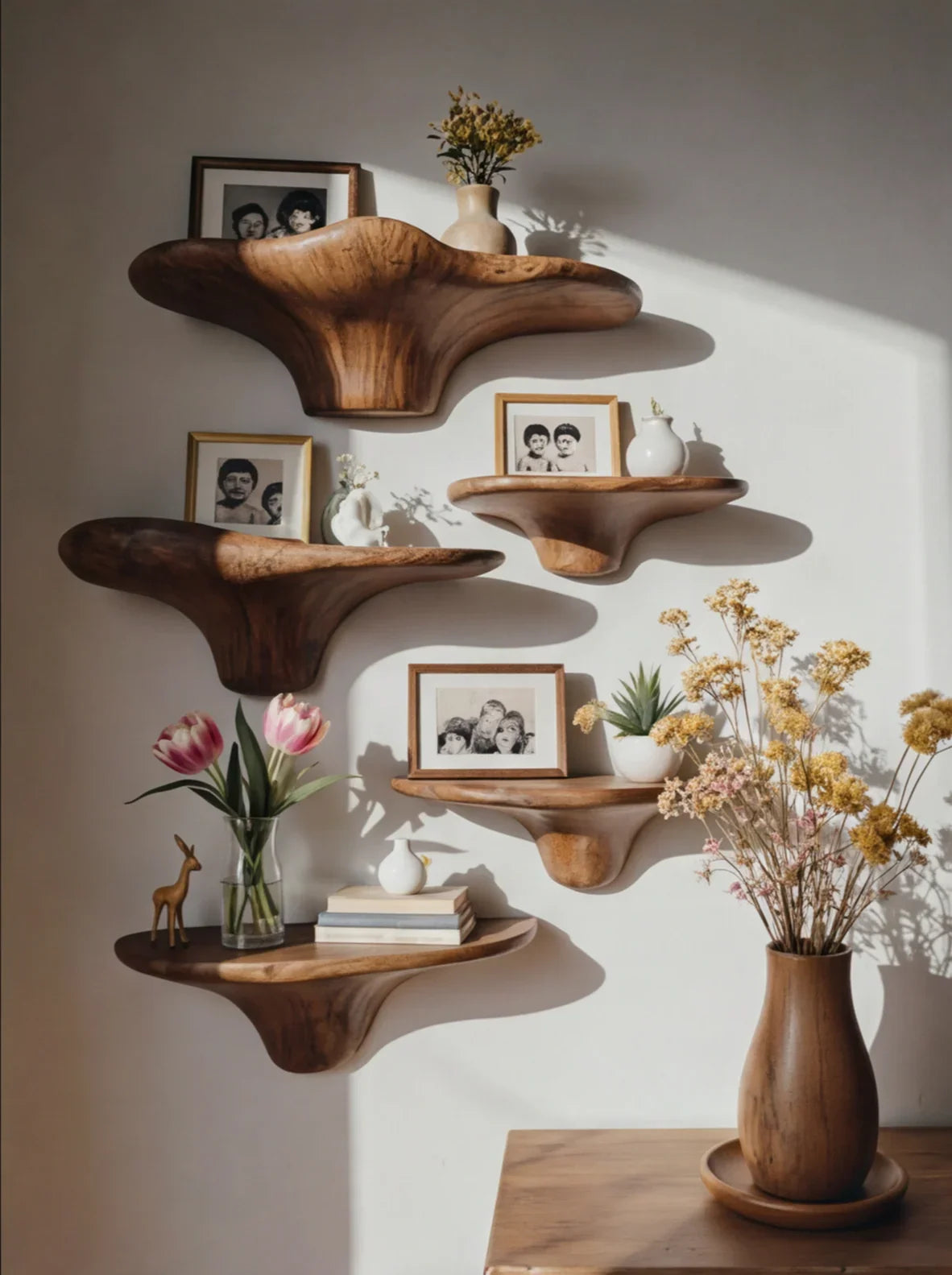 Bedroom floating shelves displaying books and decor beside a bed
