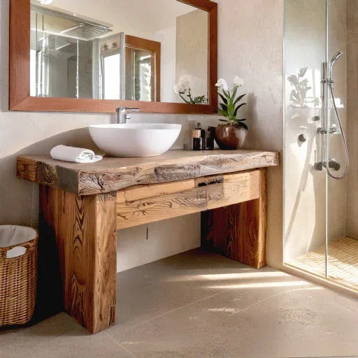 Rustic solid wood bathroom vanity with vessel sink, large mirror, and glass shower