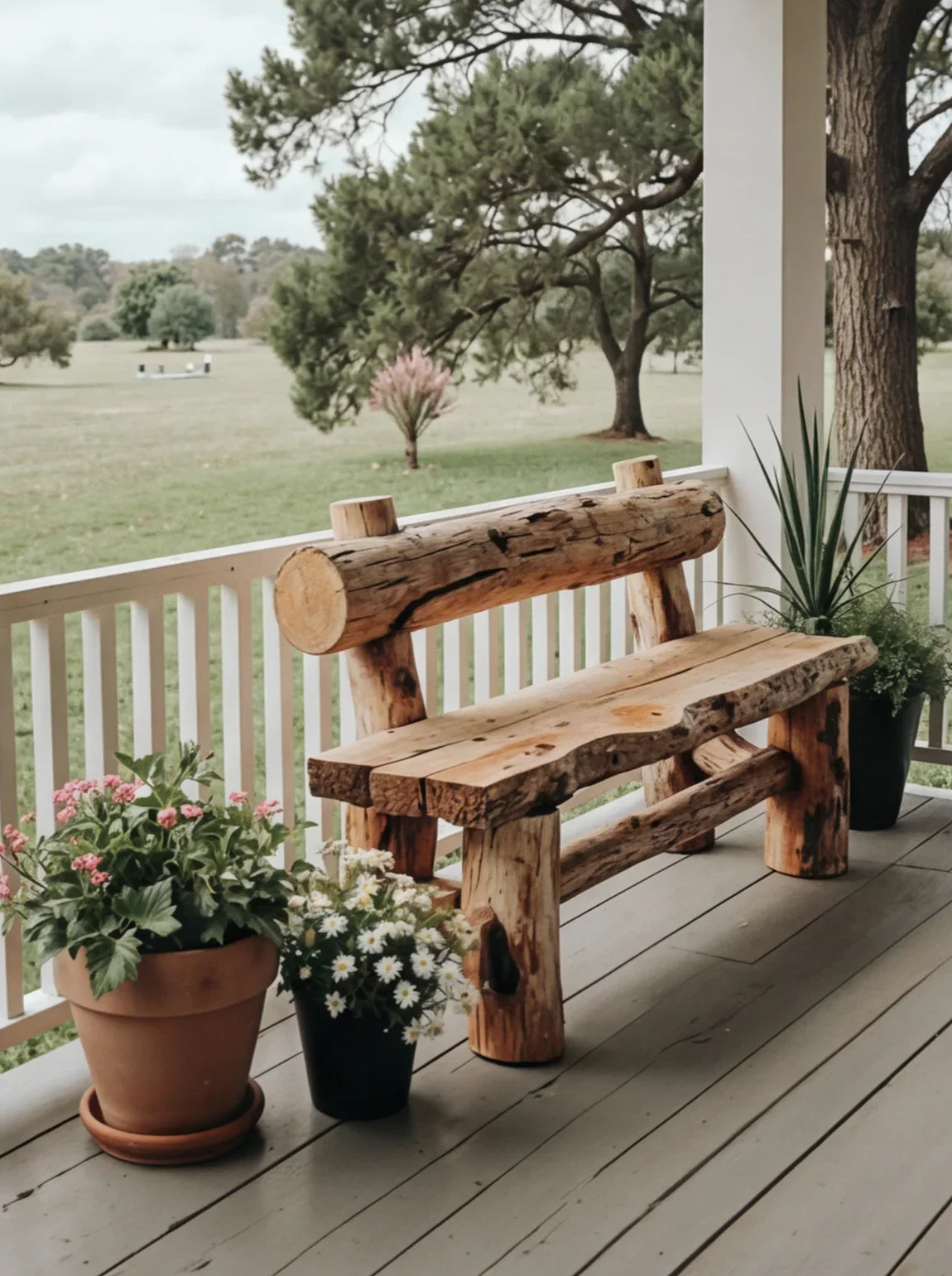 Rustic live edge wooden bench on a porch with potted flowers and green plants
