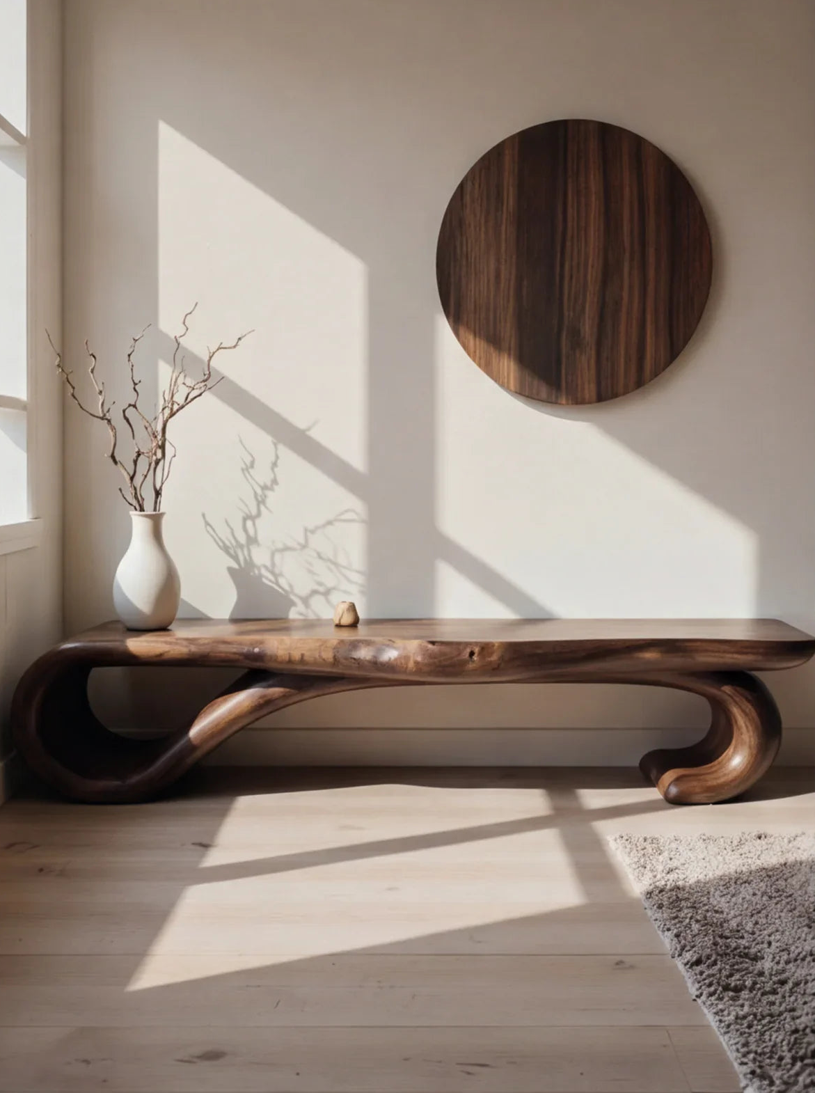 Sculptural live edge wood bench with unique curved design in minimalist living room