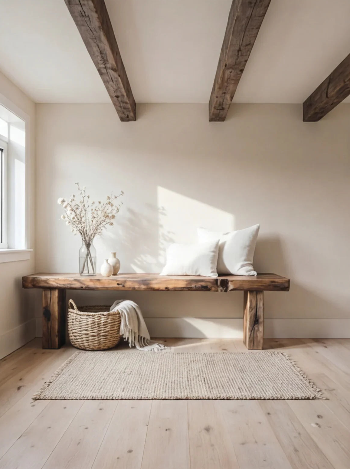 Live edge solid wood bench with white pillows, vases, and woven basket in a bright, minimalist room