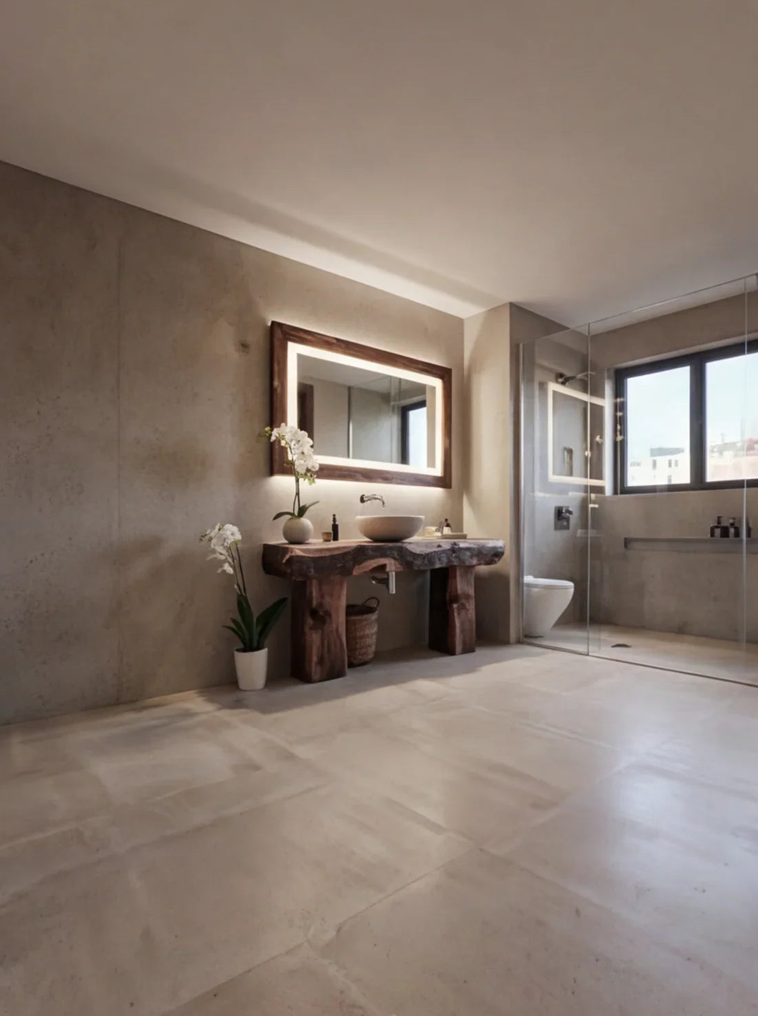 Modern bathroom with live edge wood vanity, large mirror, and minimalist decor