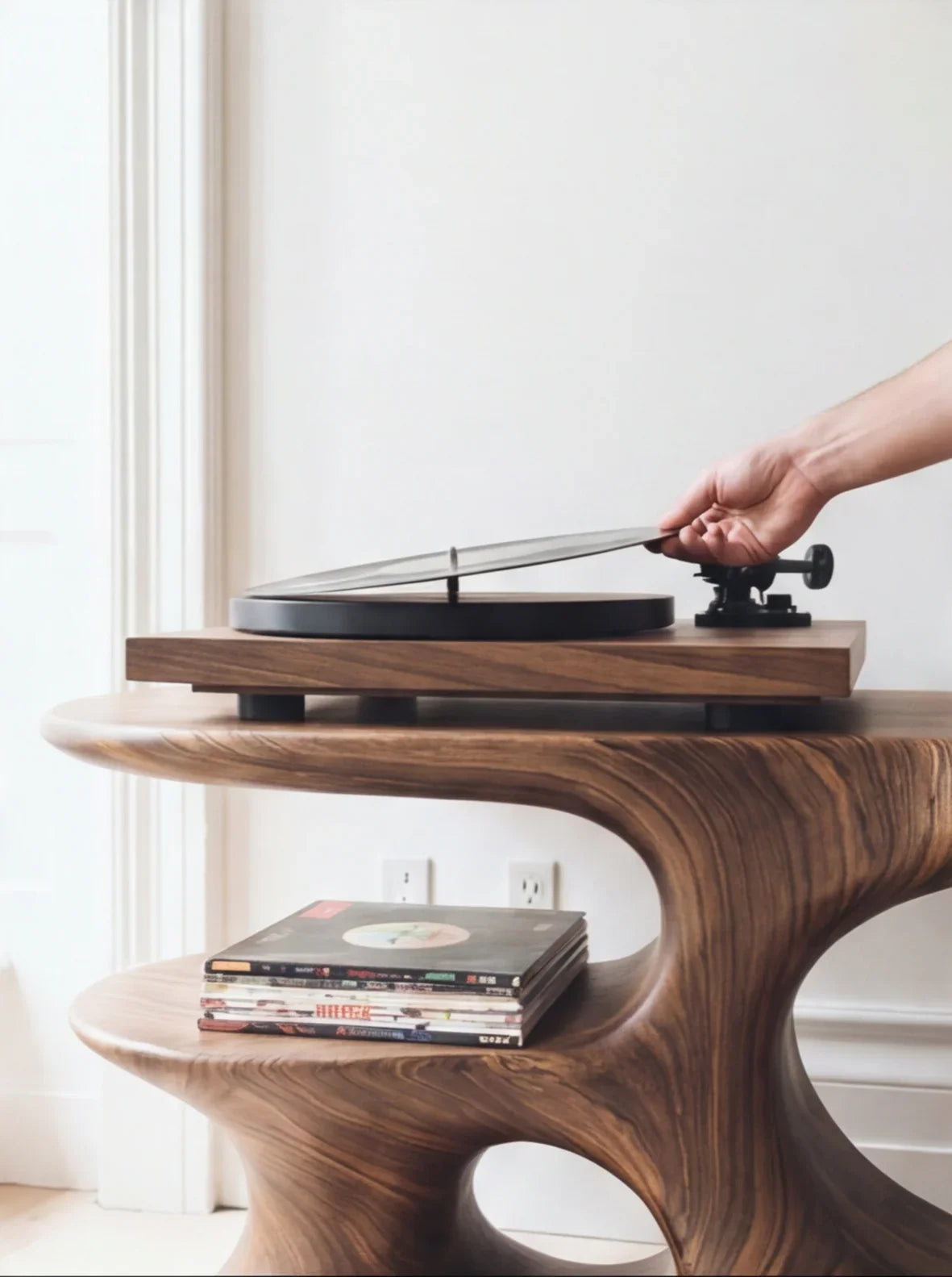 Hand placing vinyl on record player atop sculpted solid wood table, stacked records below