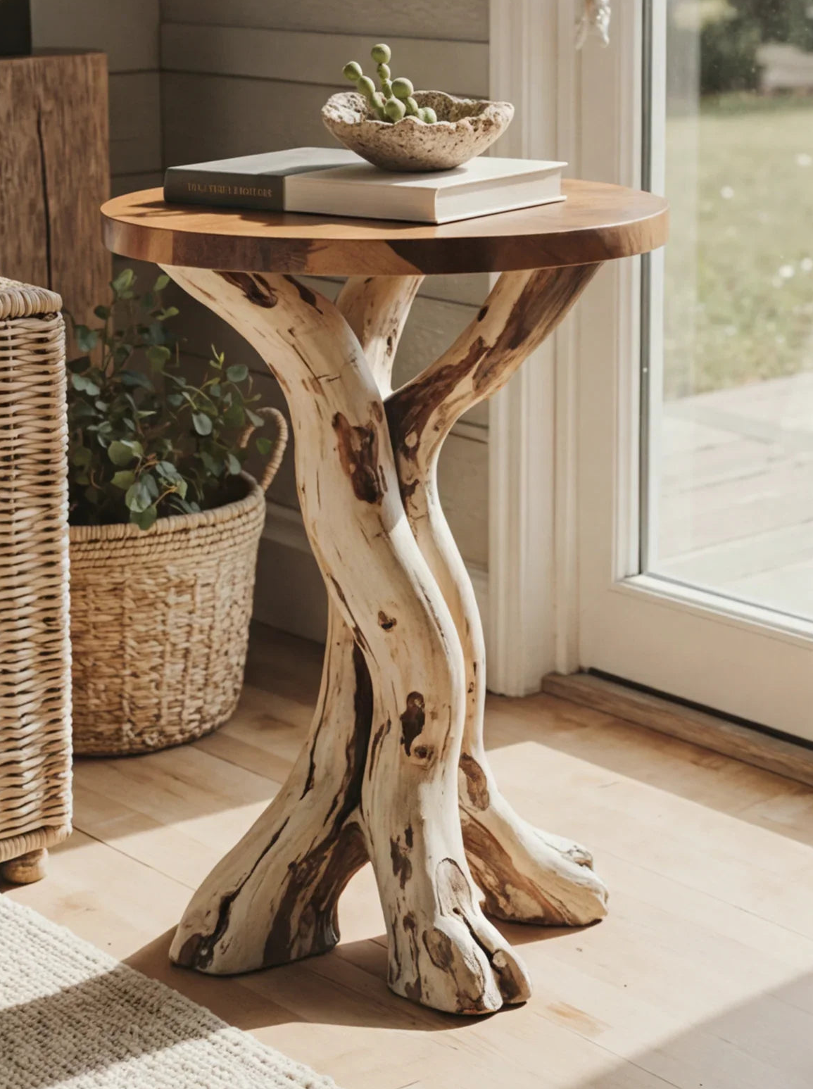 Live edge solid wood side table with twisting natural wood legs in sunlit room