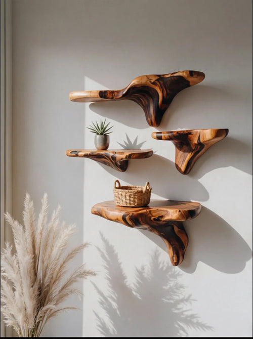 Scorched Live Edge Mushroom Floating Shelf – Dark Contrast Wooden Wall Decor