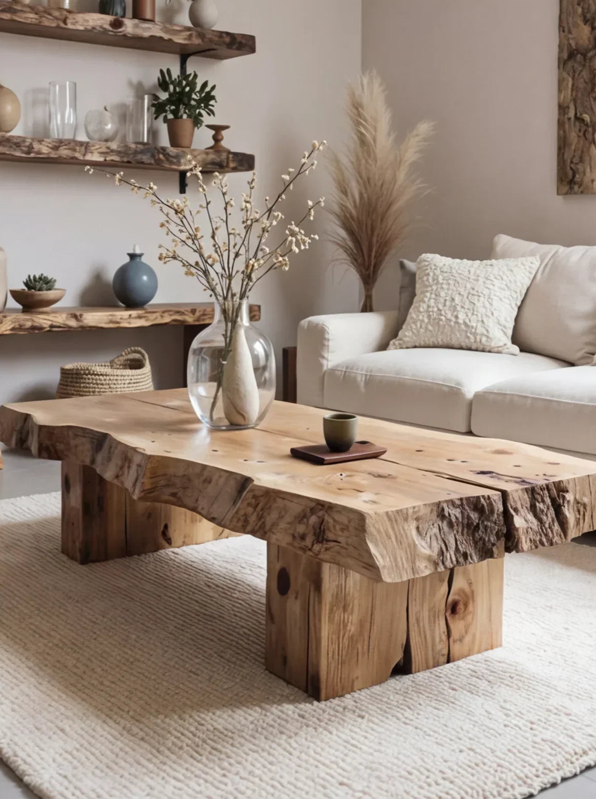 Live edge solid wood coffee table in modern living room with floating shelves and decor