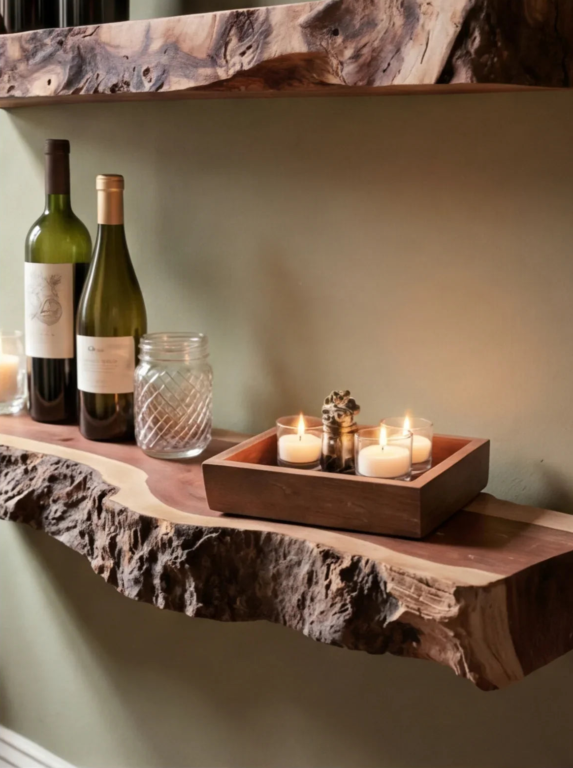 Live edge floating wood shelf with wine bottles, candles, and glass jar decor