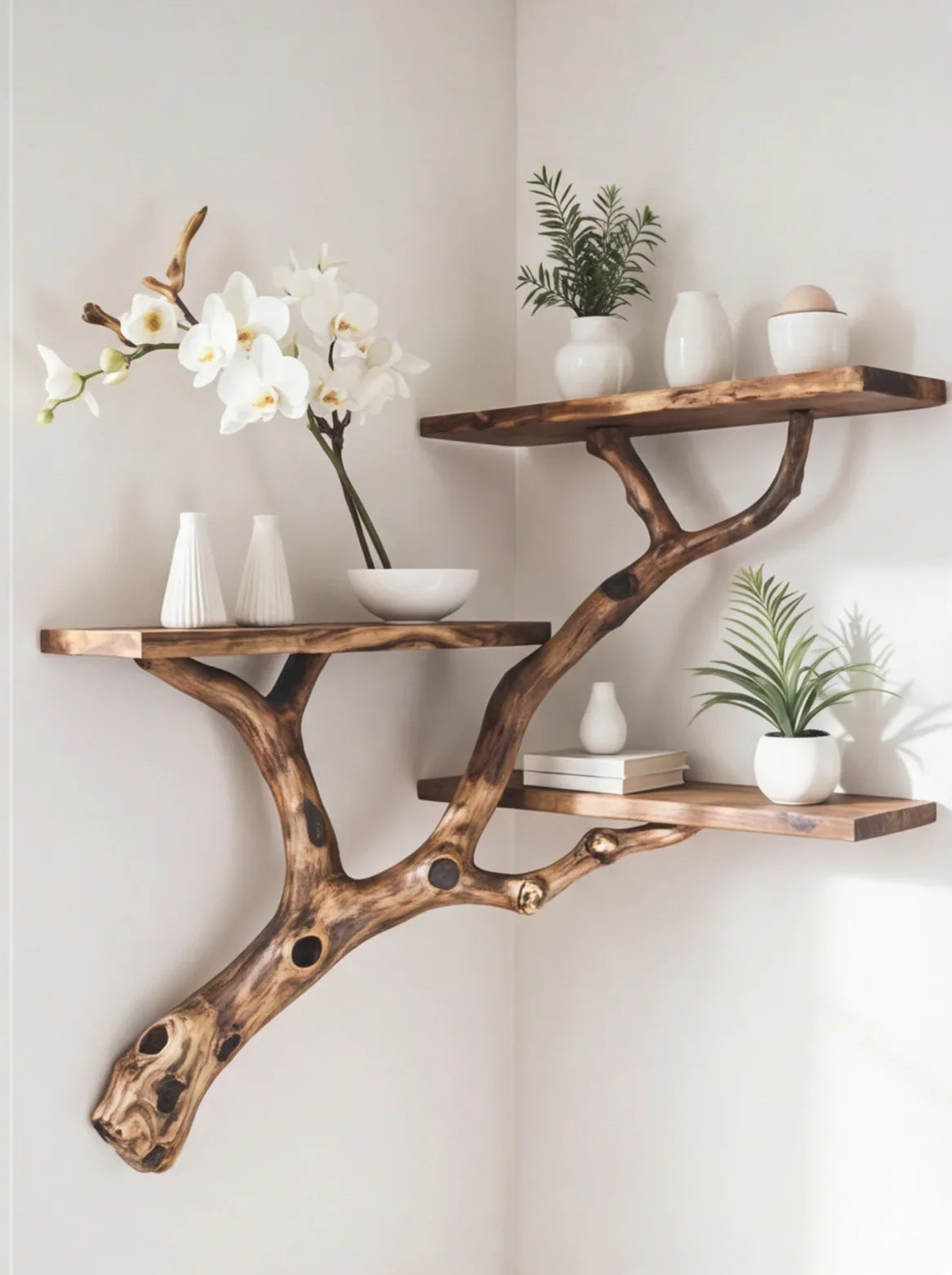 Floating Corner Tree Bookshelf – Rustic Driftwood Branch Wall-Mounted