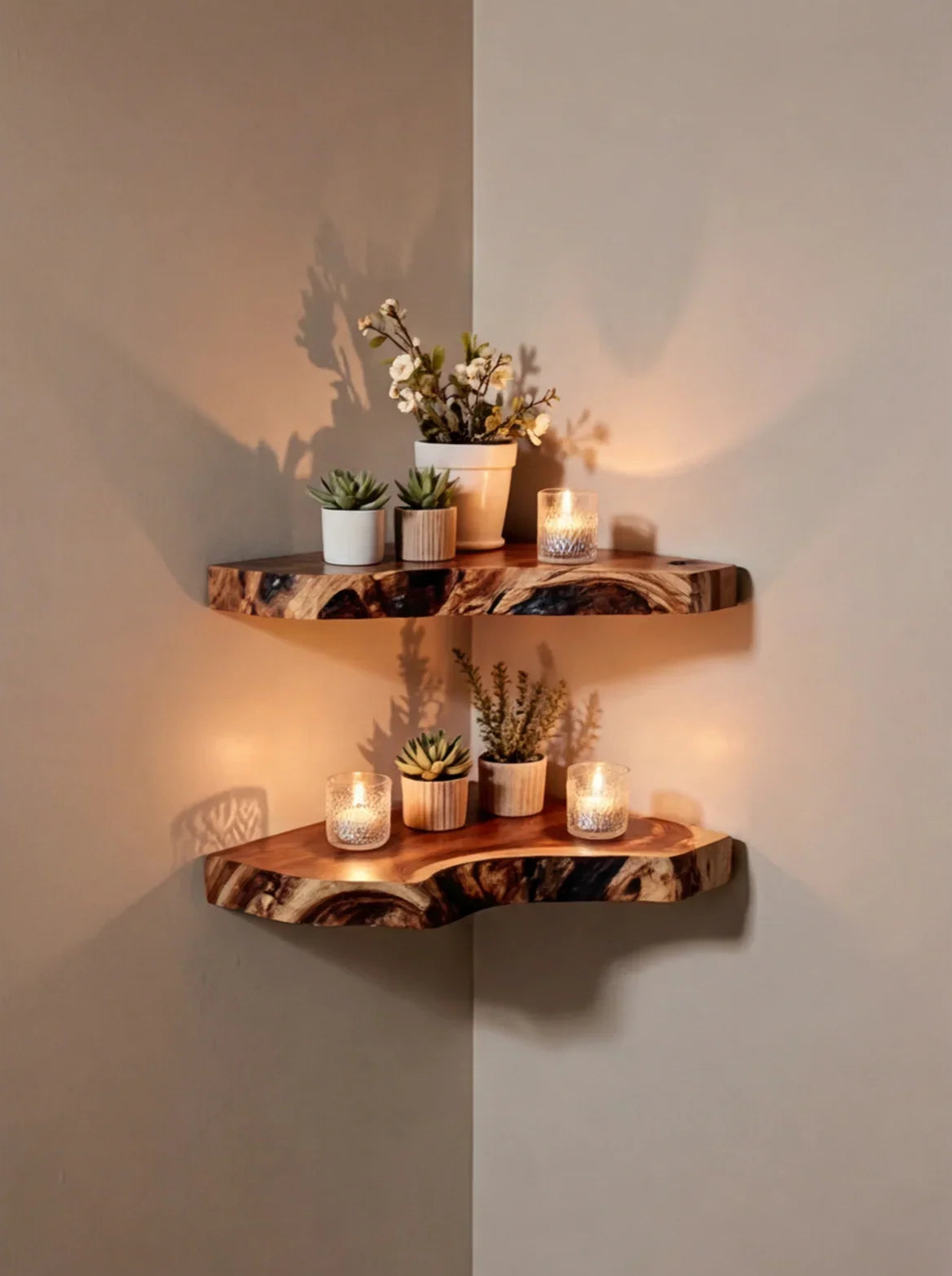 Live edge wooden floating corner shelves with potted plants and candles, wall mounted decor.