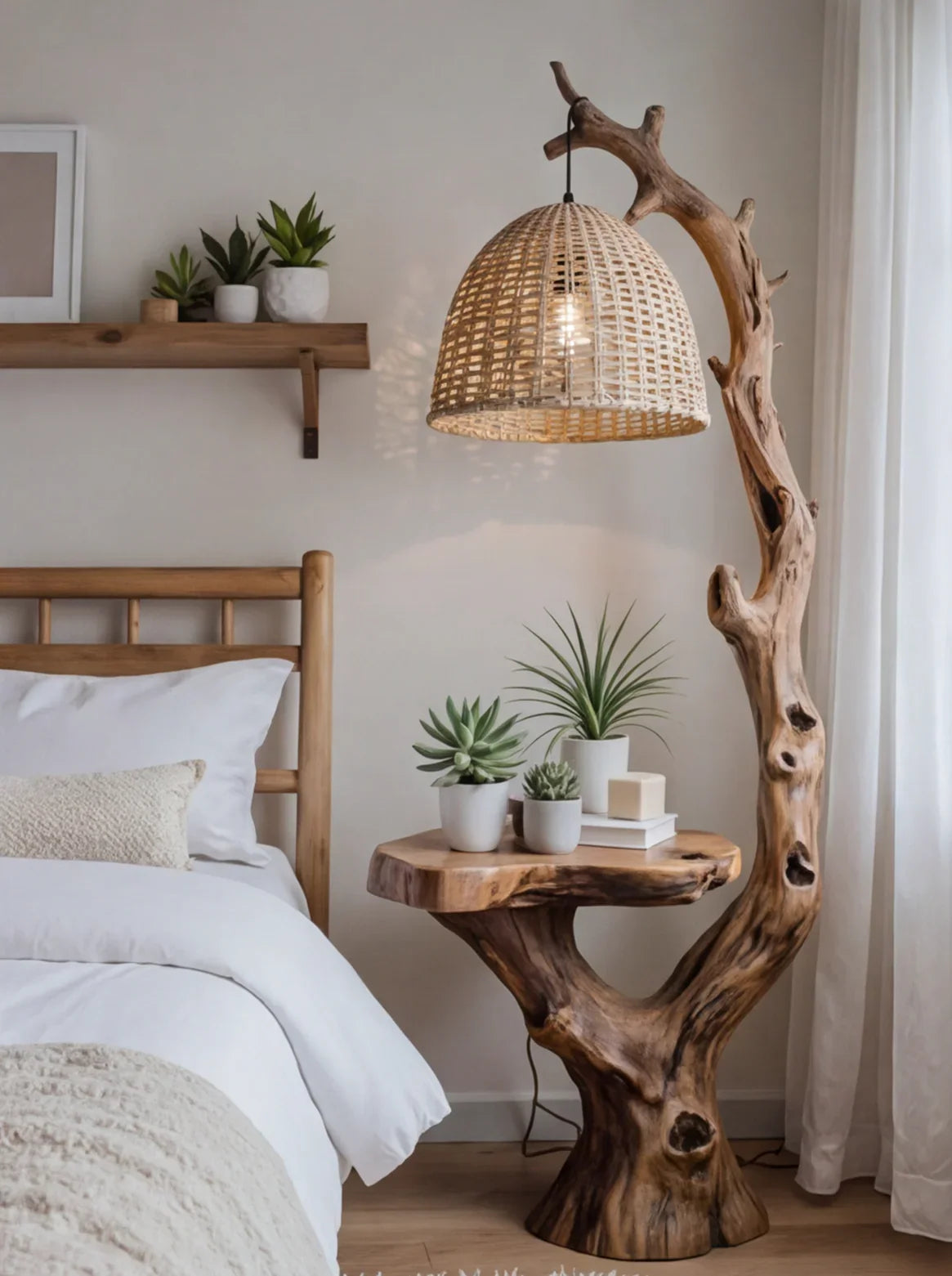 Live edge wood nightstand with rustic lamp and potted succulents beside a bed in a cozy bedroom.