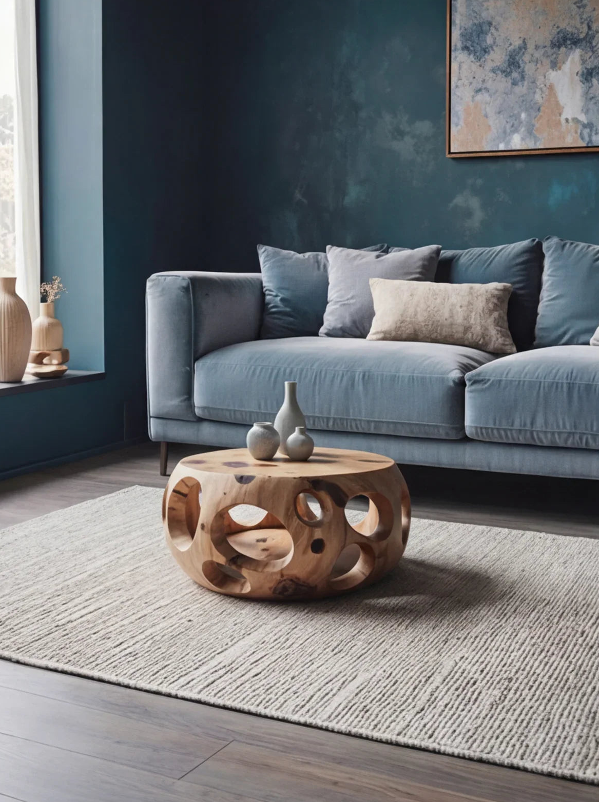 Modern living room with unique solid wood coffee table, blue sofa, and neutral decor