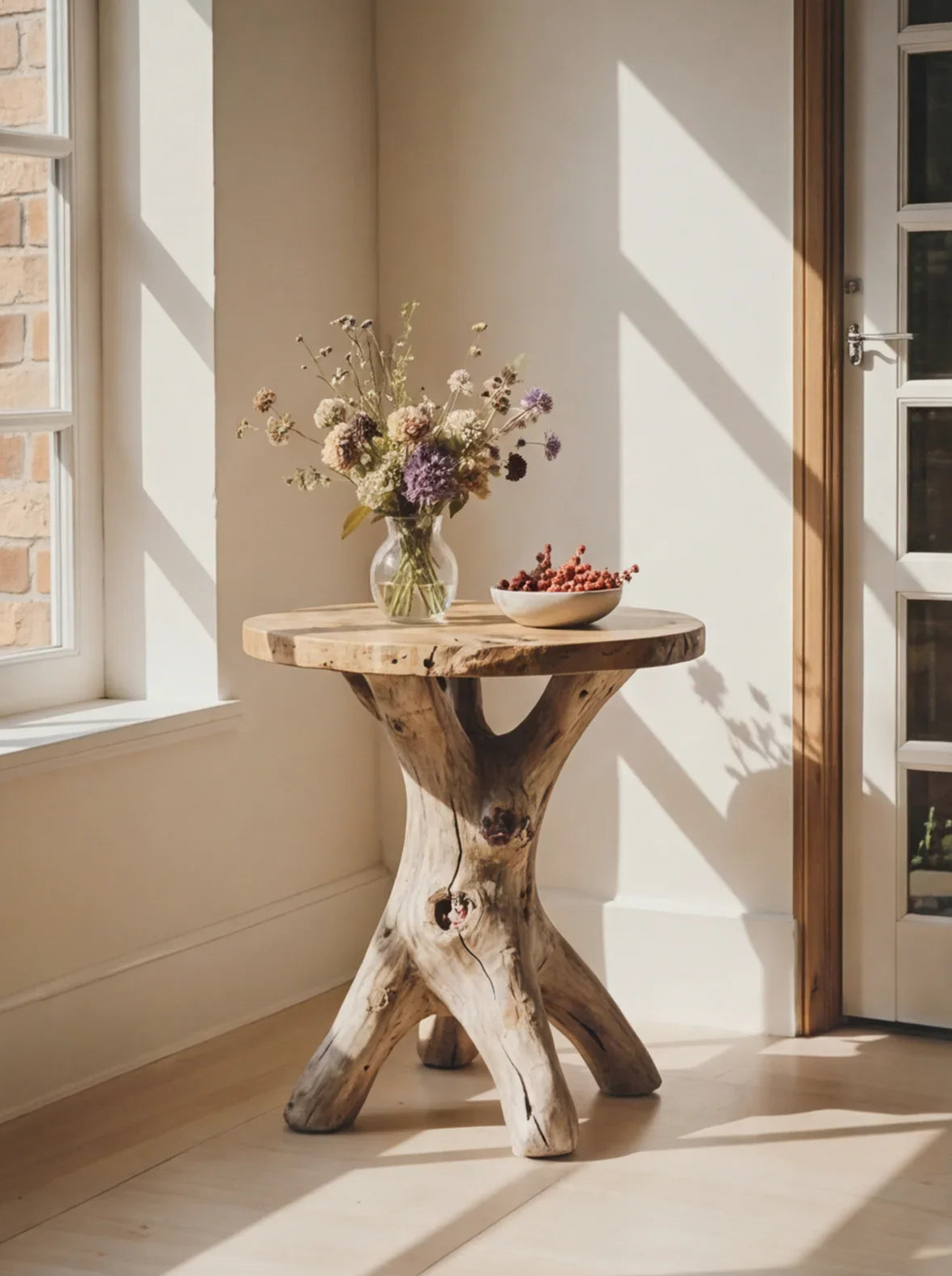 Live edge round wood side table with rustic base, vase of dried flowers and bowl, sunlit corner