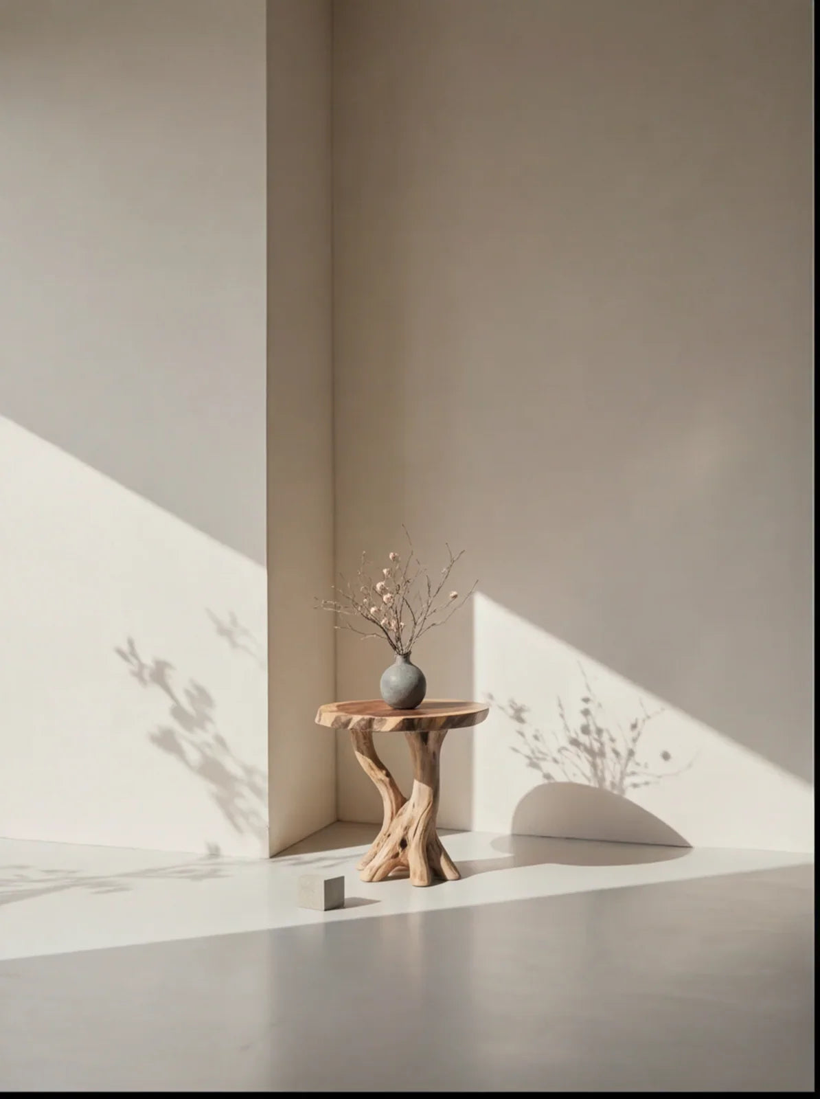 Live edge solid wood side table with vase in minimalist sunlit setting