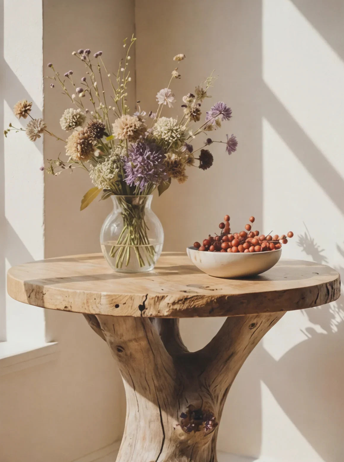Live edge wood table with glass vase of dried flowers and ceramic bowl of berries in sunlight