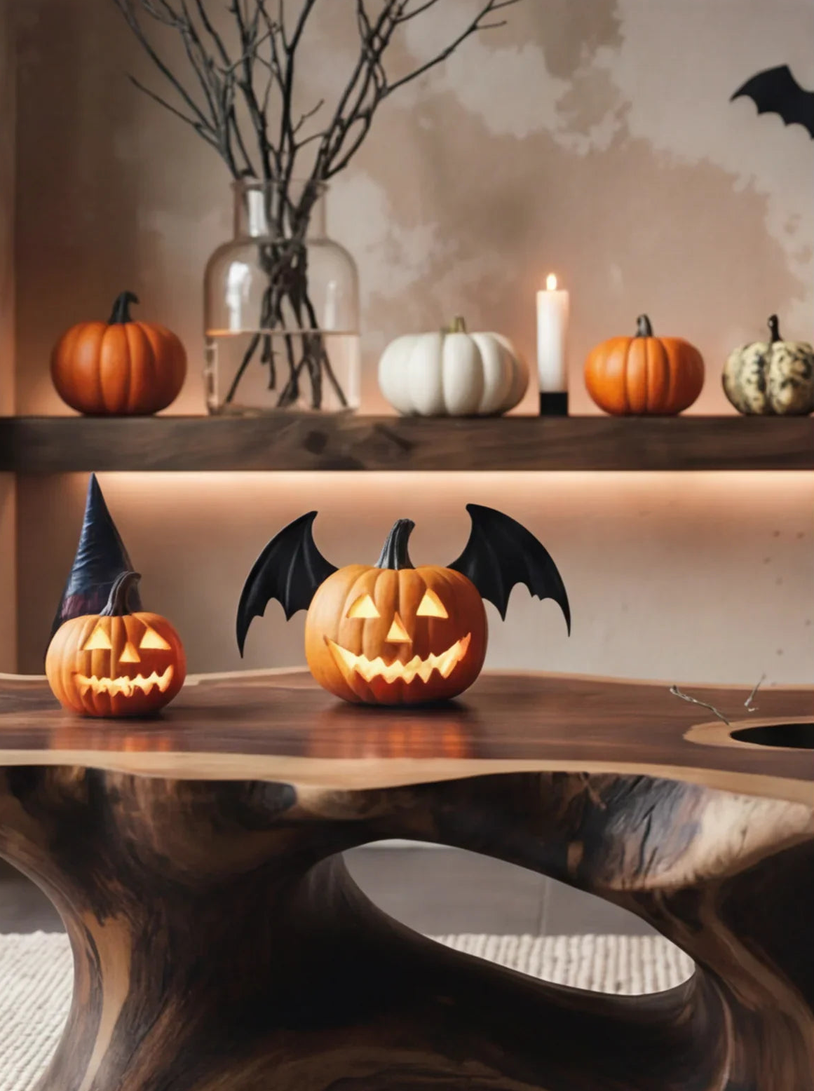 Live edge wood table with Halloween pumpkins, bat wings, witch hat, autumn decor