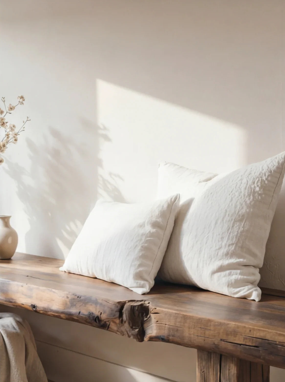 Live edge solid wood bench with white linen pillows in natural light, minimal decor