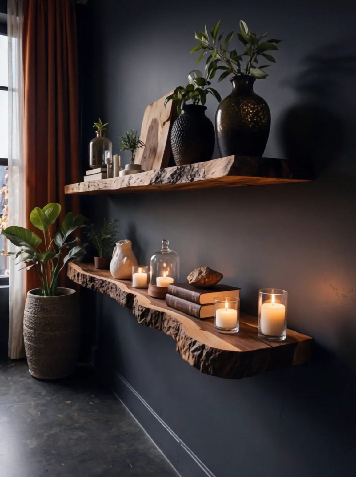 Sustainably crafted live edge floating wood shelves with candles, plants, and books in a modern room.
