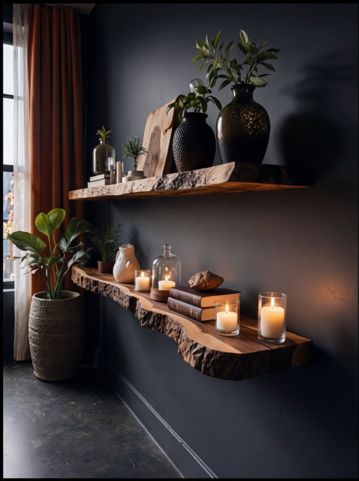 Sustainably crafted live edge floating wood shelves with candles, plants, and books in a modern room.