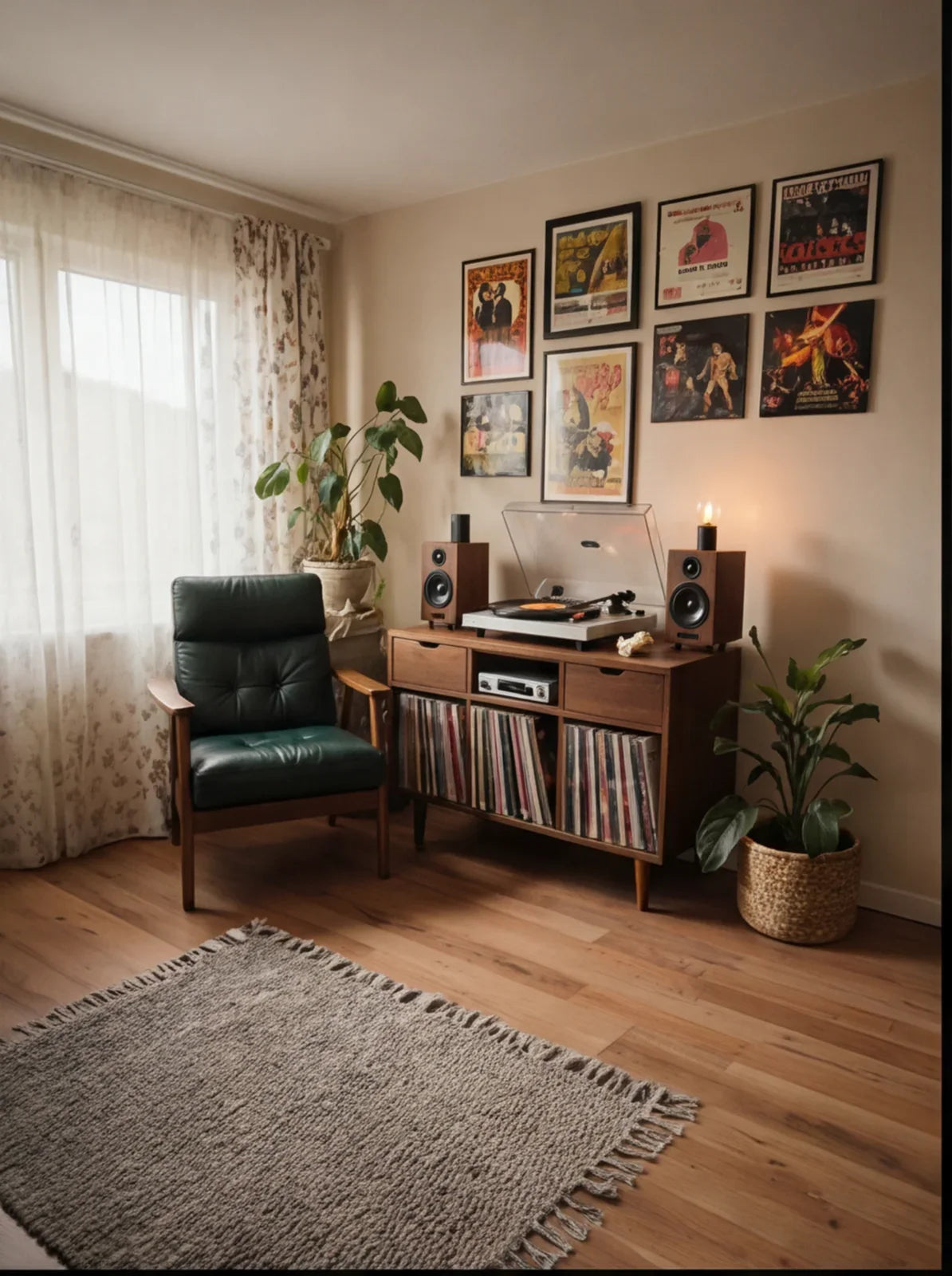 Mid-century modern living room with solid wood vinyl record cabinet, turntable, and green armchair