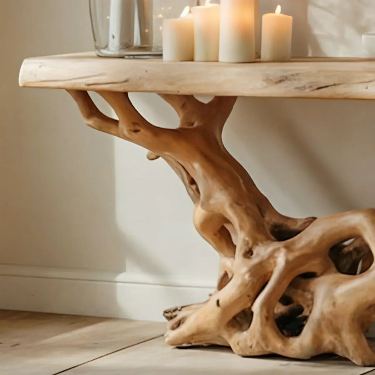 Live edge wood table with sculpted tree root base and candles on top