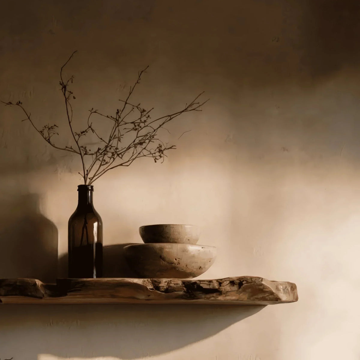 Live edge floating wood shelf with ceramic bowls and brown glass vase with branches