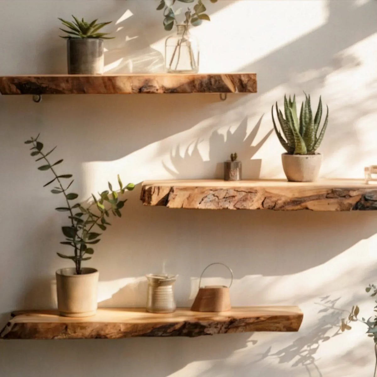 Live edge floating wood shelves with potted plants against a sunlit wall