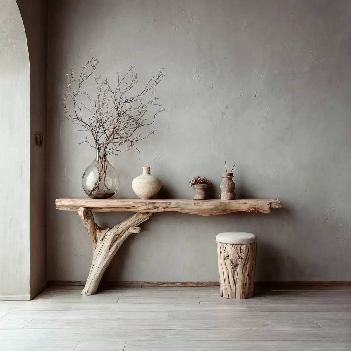 Live edge solid wood console table with natural wood stool and minimalist ceramic vases