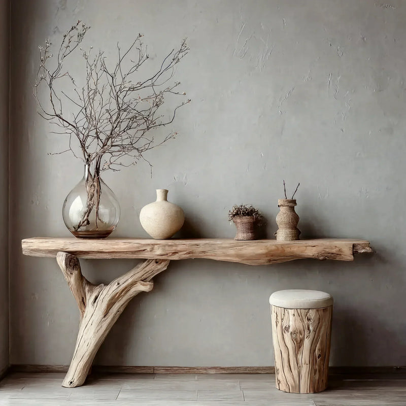 Live edge wood console table with natural finish, decorative vases, and matching wooden stool