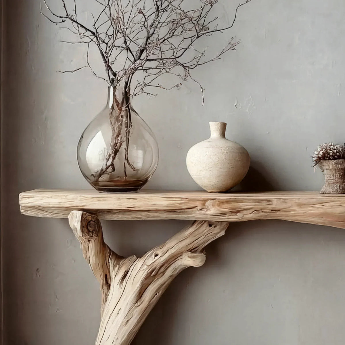 Live edge solid wood floating shelf with minimalist vases and dried branches decor