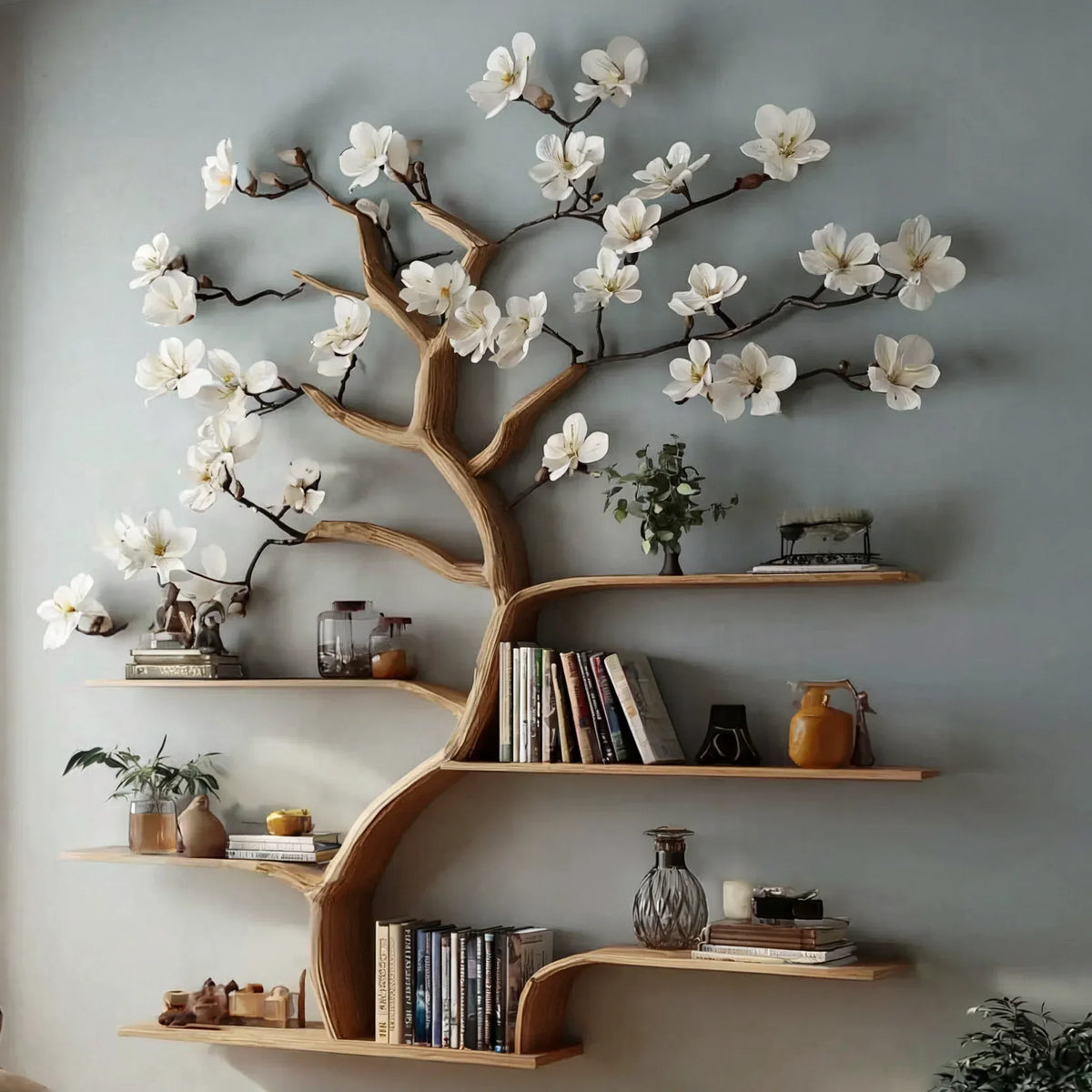 Tree-shaped wooden bookshelf with white floral accents, holding books and home decor items.