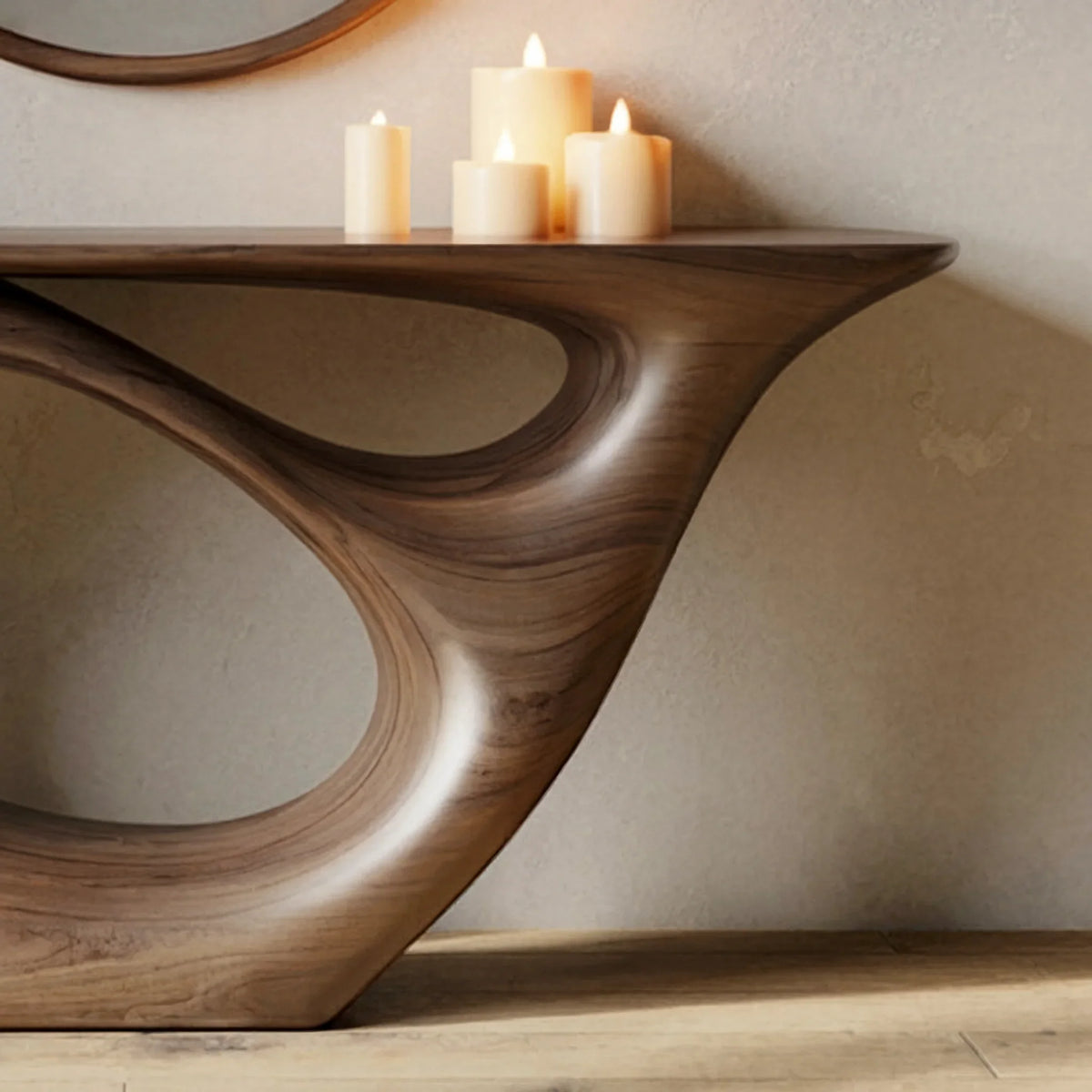 Modern sculpted solid wood console table with candles, live edge design, minimalist decor
