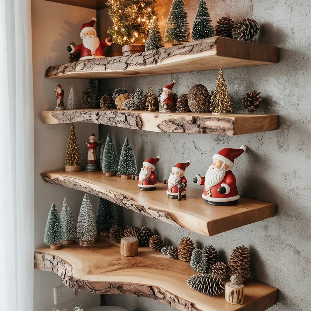 Live edge wooden floating shelves with Christmas decor, Santa figurines, pinecones, mini trees