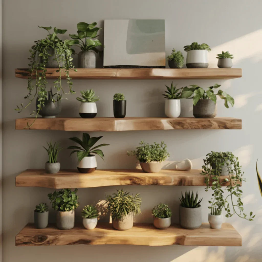 Live edge floating wood shelves with potted plants and minimalist wall decor