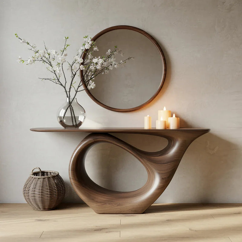 Sculptural solid wood console table with modern abstract base, round mirror, candles, and vase with flowers.