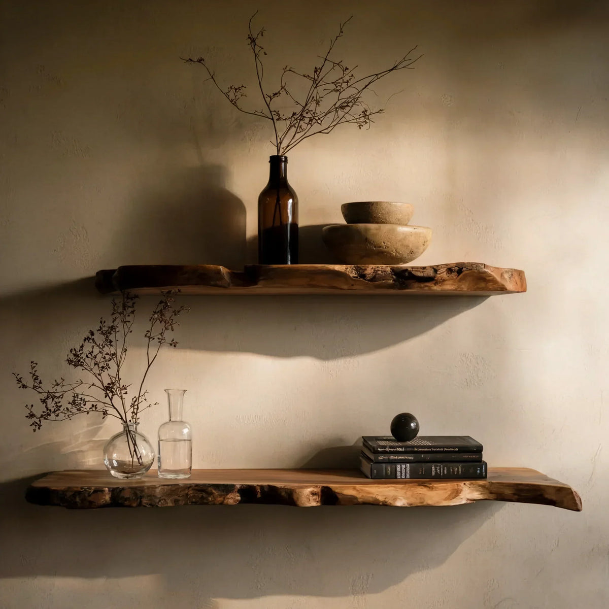 Live edge floating wood shelves with minimalist decor, books, and dry branches on wall