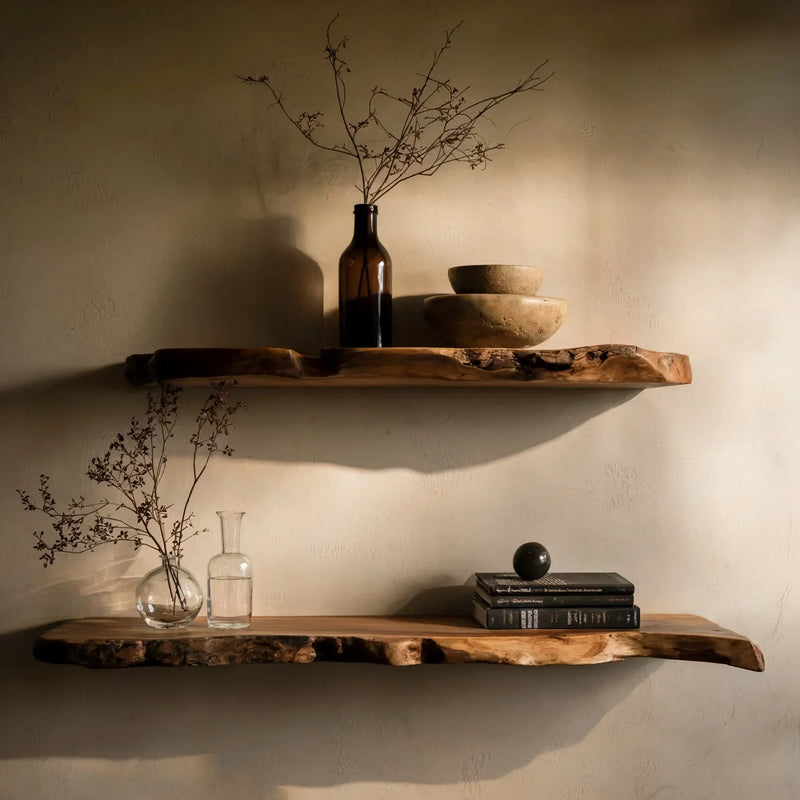 Live edge floating wood shelves with minimalist decor, books, and dry branches on wall