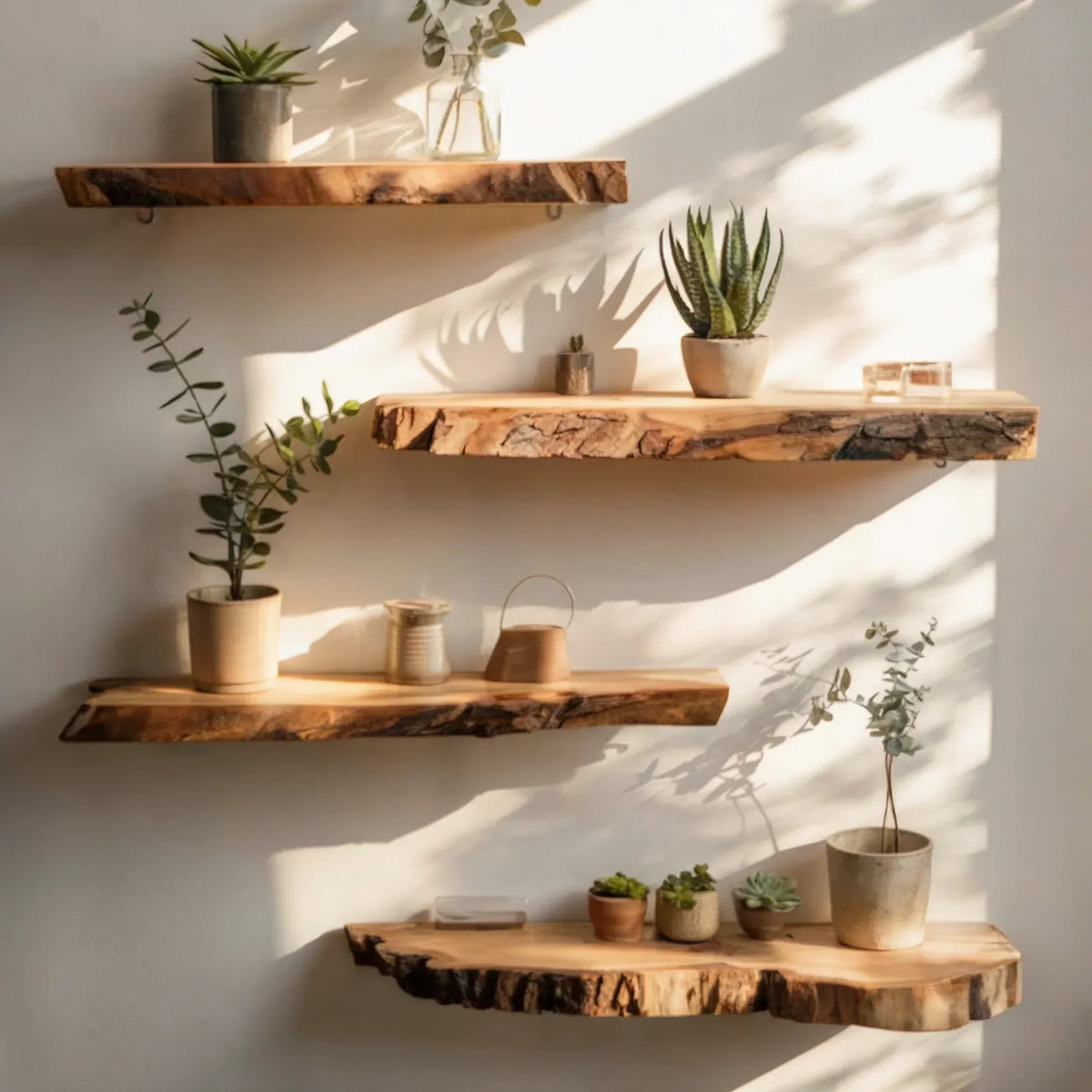Live edge floating wood shelves on a wall, decorated with potted plants and sunlight.