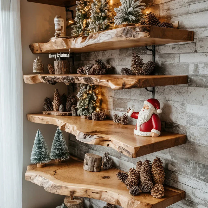 Live edge wooden floating shelves decorated with pinecones, mini Christmas trees, and a Santa figurine against a rustic stone wall.