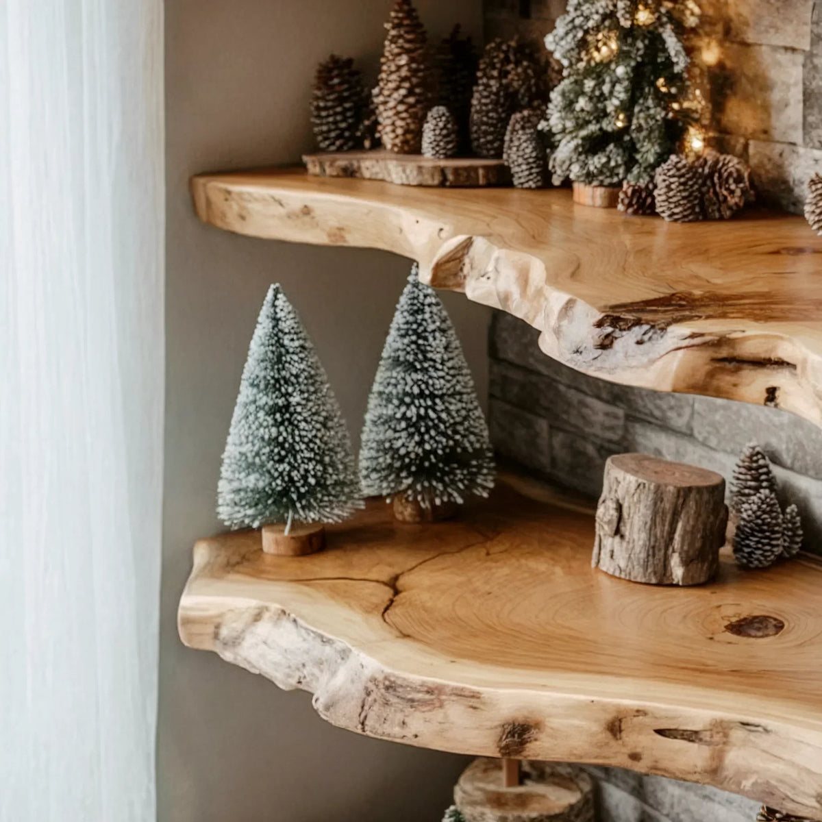 Live edge floating wooden shelves with pinecone and miniature tree decor in cozy room