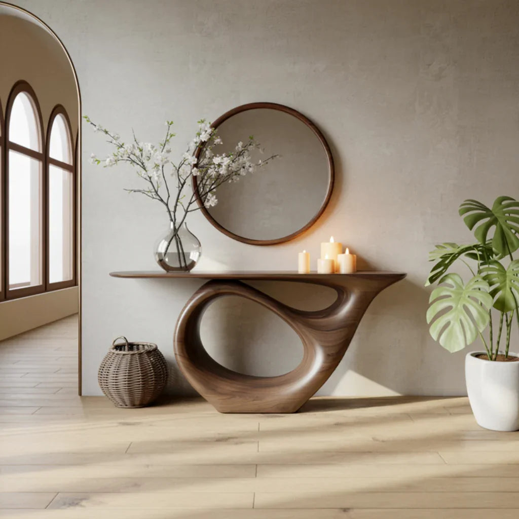 Modern entryway with sculptural solid wood console table, round mirror, candles, and plant.