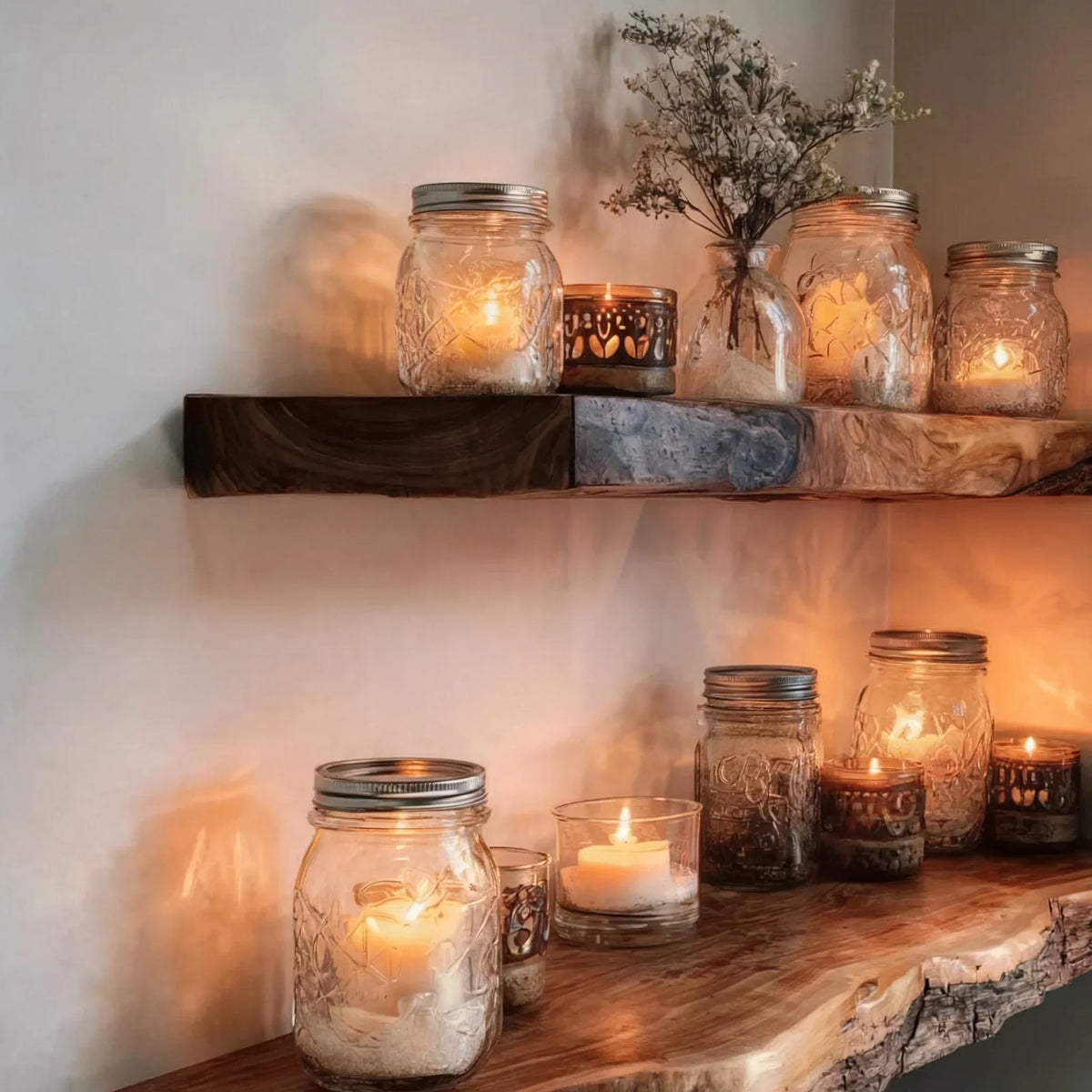 Live edge floating wood shelves with mason jar candles and dried flowers for cozy home decor